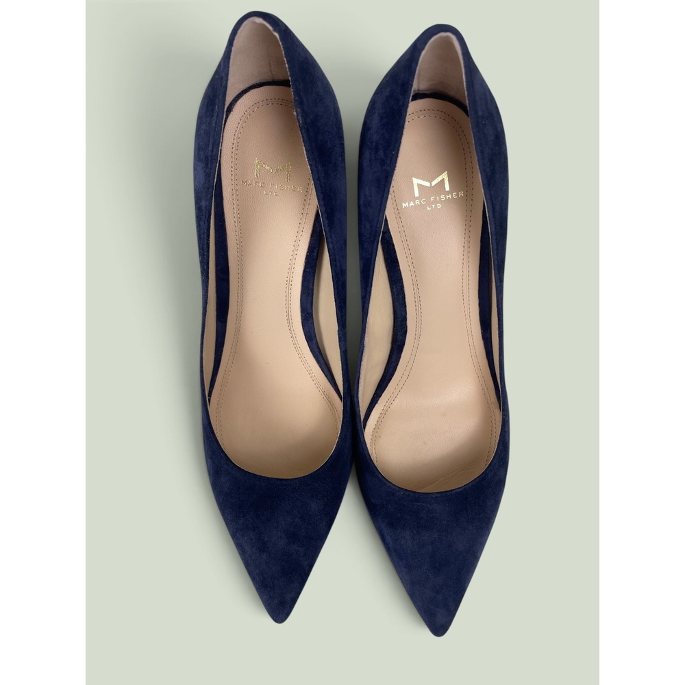 Marc Fisher Zala Navy Block Heel Pointy Toe Pump Suede 7.5M Minimalist Versatile - Picture 3 of 7